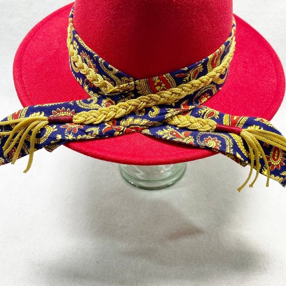 Custom Red Fedora with Gold Braid & Paisley Scarf Detail NWT main image 12